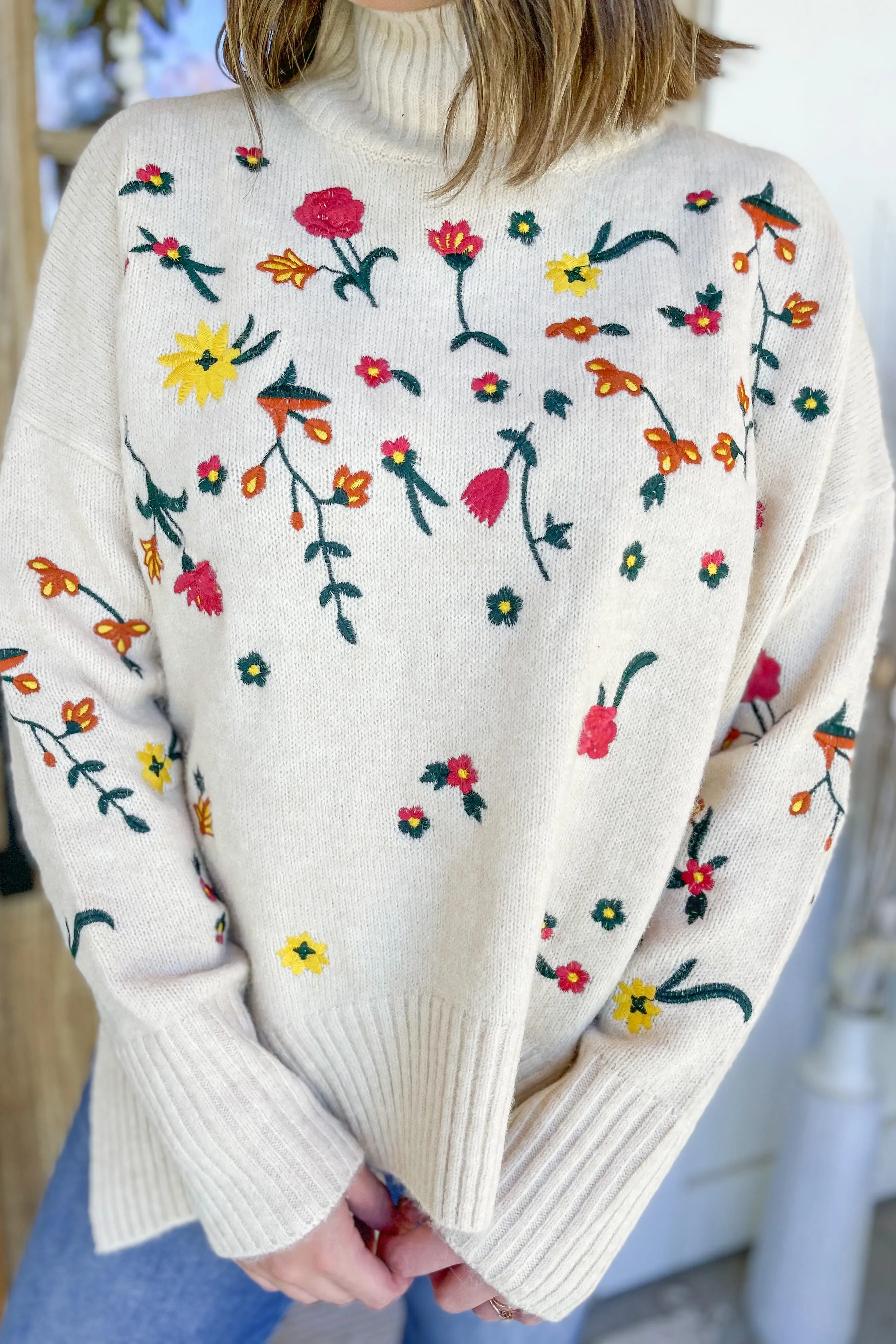 Laural Floral Embroidery Turtle Neck Sweater