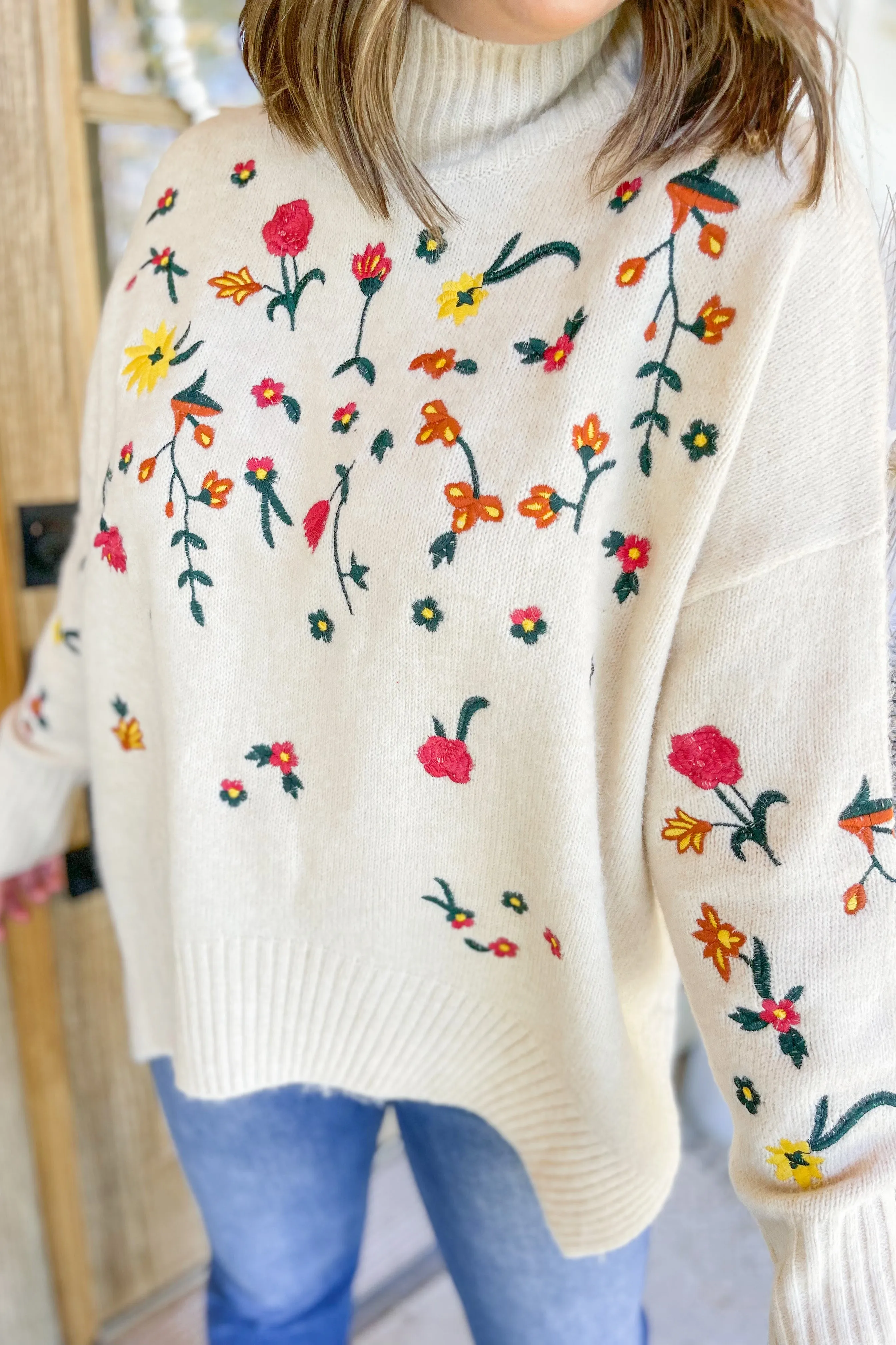 Laural Floral Embroidery Turtle Neck Sweater