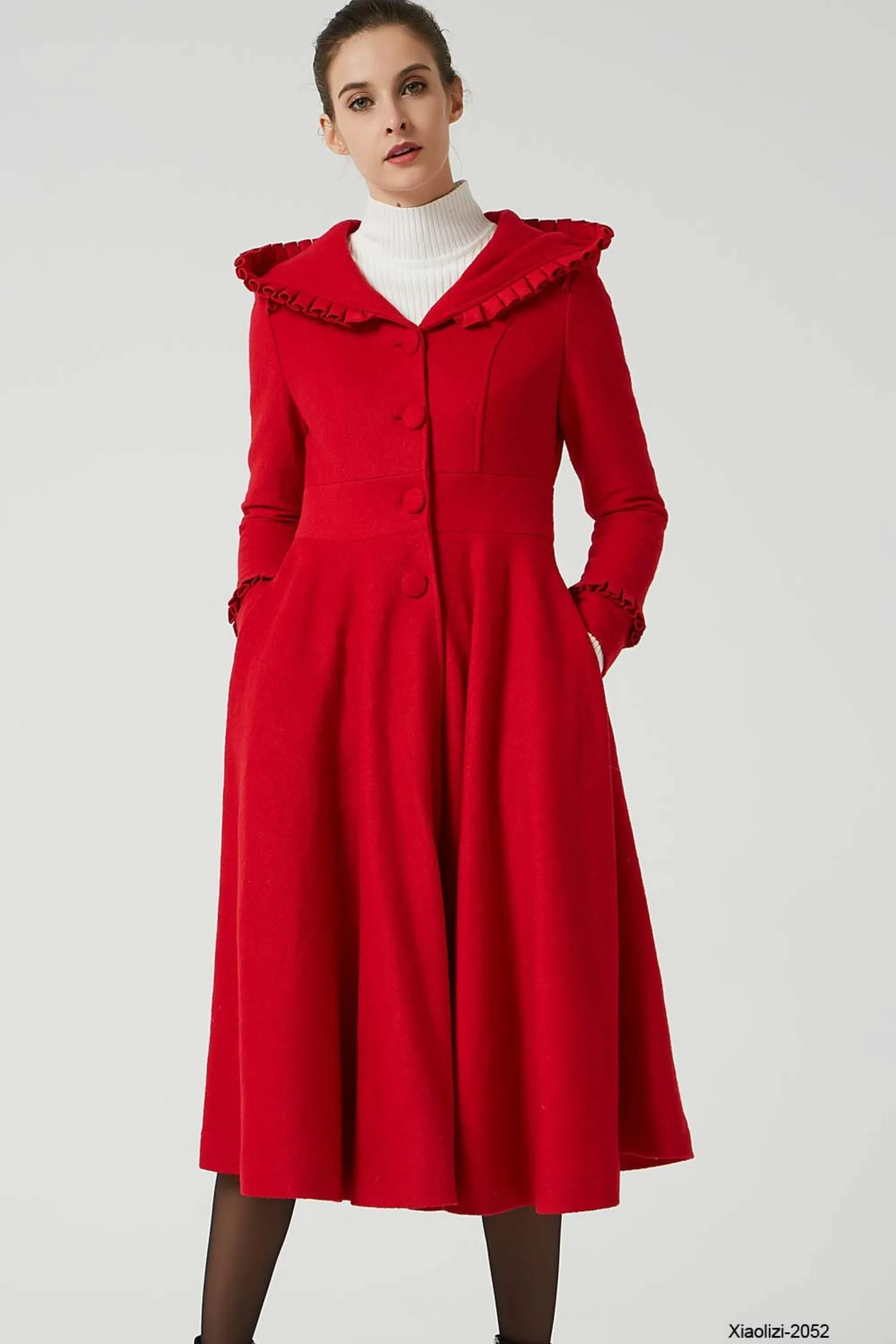 long red wool dress coat with ruffle details 2052