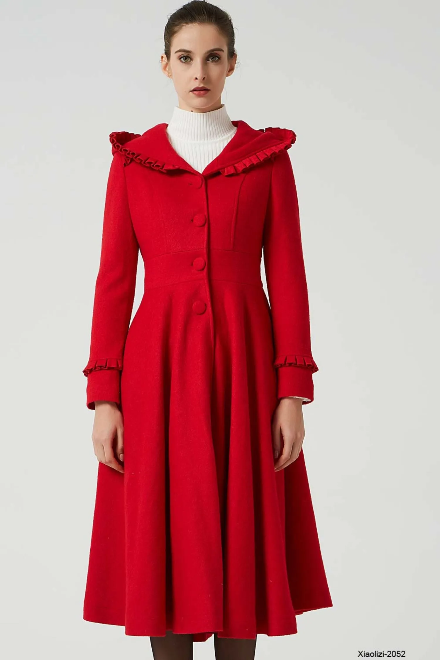 long red wool dress coat with ruffle details 2052