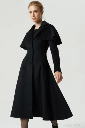 Maxi Black Wool Coat With Capelet For Women 1969#