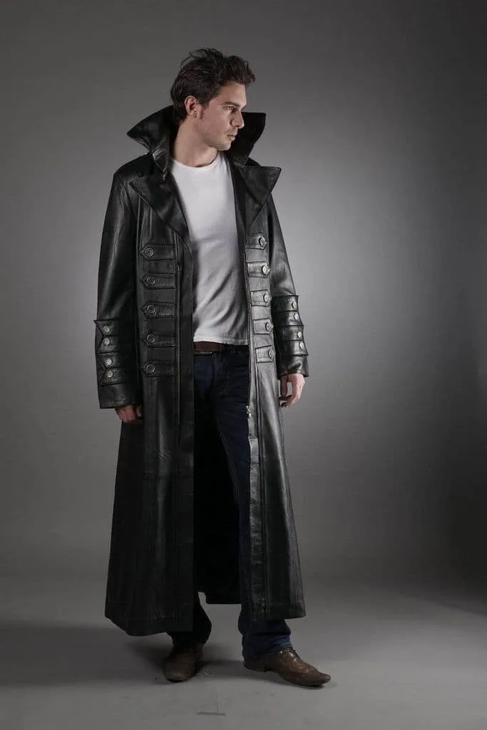 Men's Military Black Leather Trench Coat