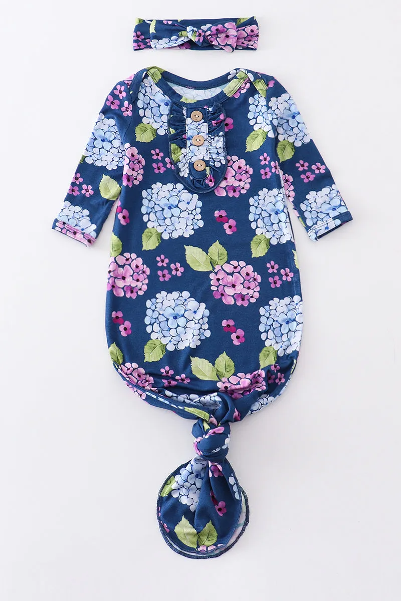 Navy floral print bamboo baby gown