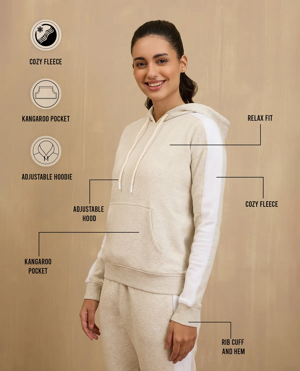 NYKD By Nykaa Cozy Fleece Hoodie Sweatshirt -NYLE702-Oatmeal Melange