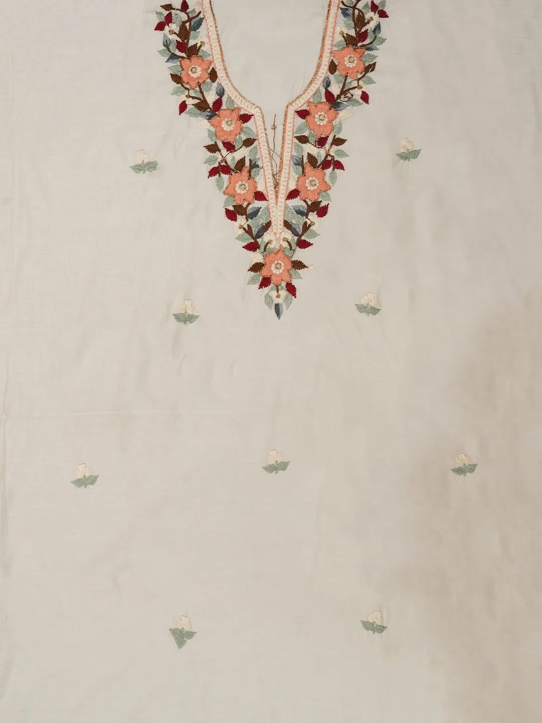 Off White Pure Silk Lucknowi Embroidered Dress Material with Dupatta