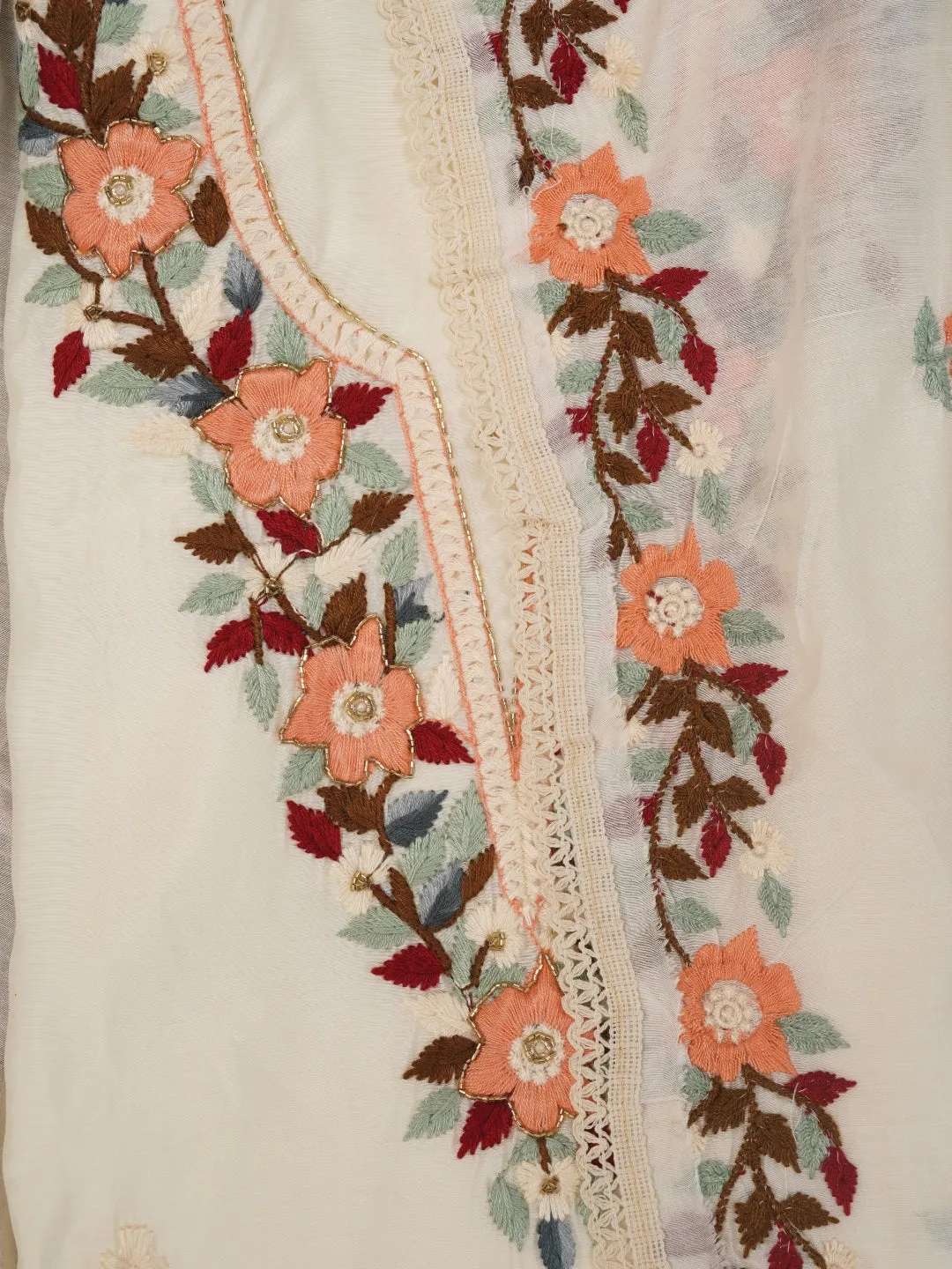 Off White Pure Silk Lucknowi Embroidered Dress Material with Dupatta