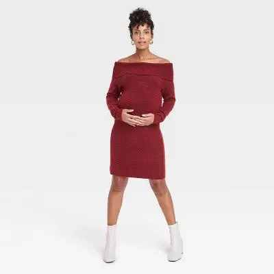 Open Box - Isabel Maternity Women's Off The Shoulder Maternity Sweater Dress