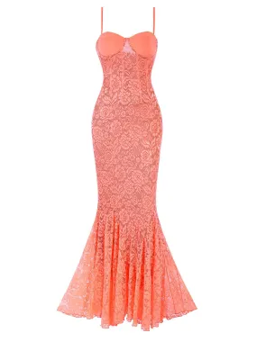 Orange 1930s Floral Lace Spaghetti Strap Mermaid Dress