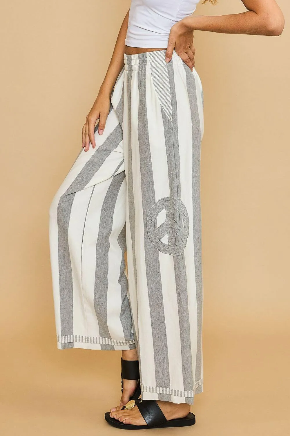 Peace Sign Patch Striped Pants