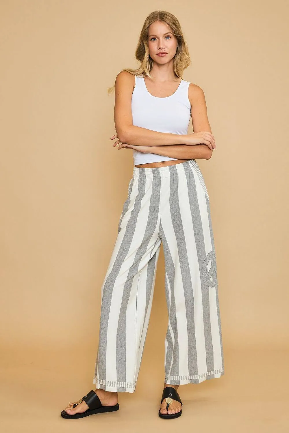 Peace Sign Patch Striped Pants