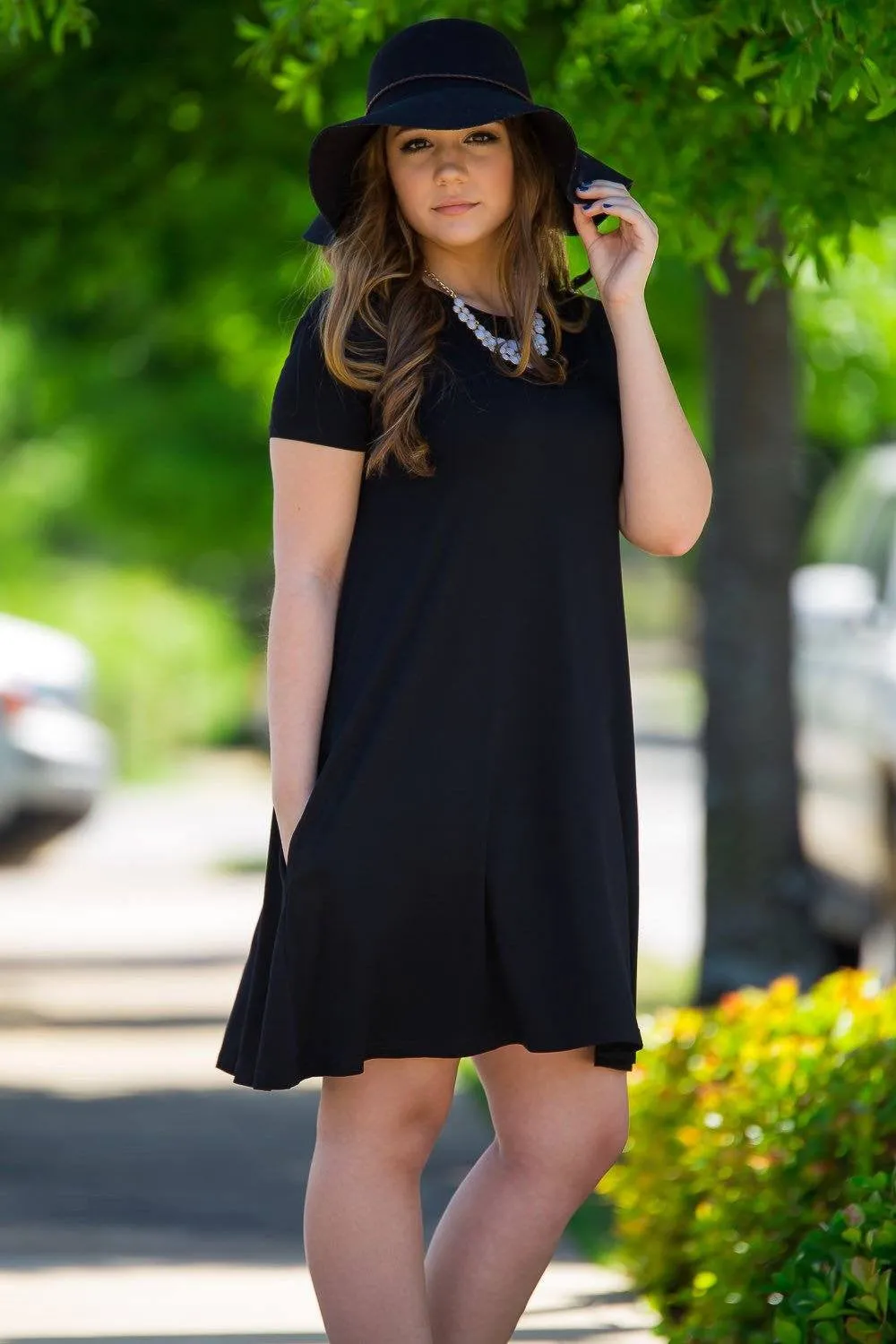 Piko Short Sleeve Swing Dress - Black