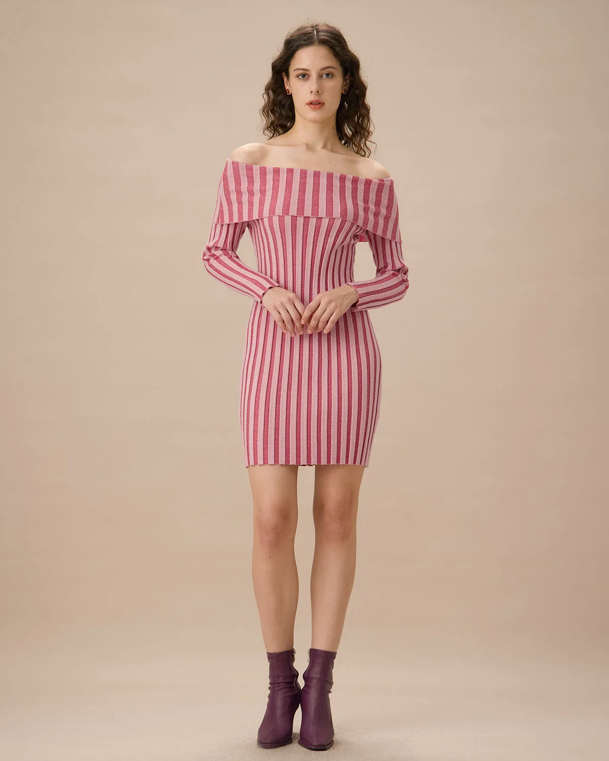 Pink Striped Off The Shoulder Bodycon Sweater Dress