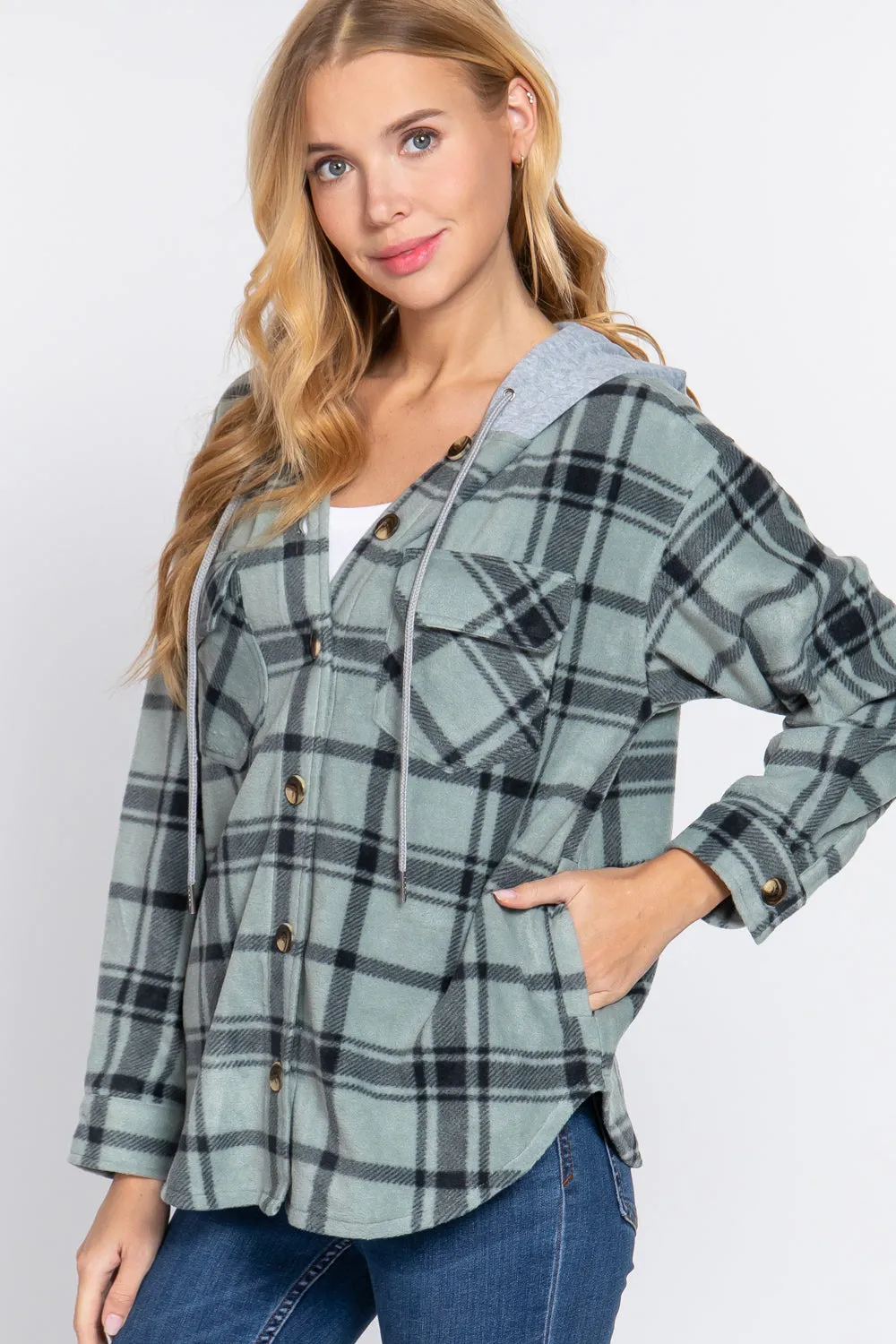 Plaid Print Hoodie Fleece Jacket