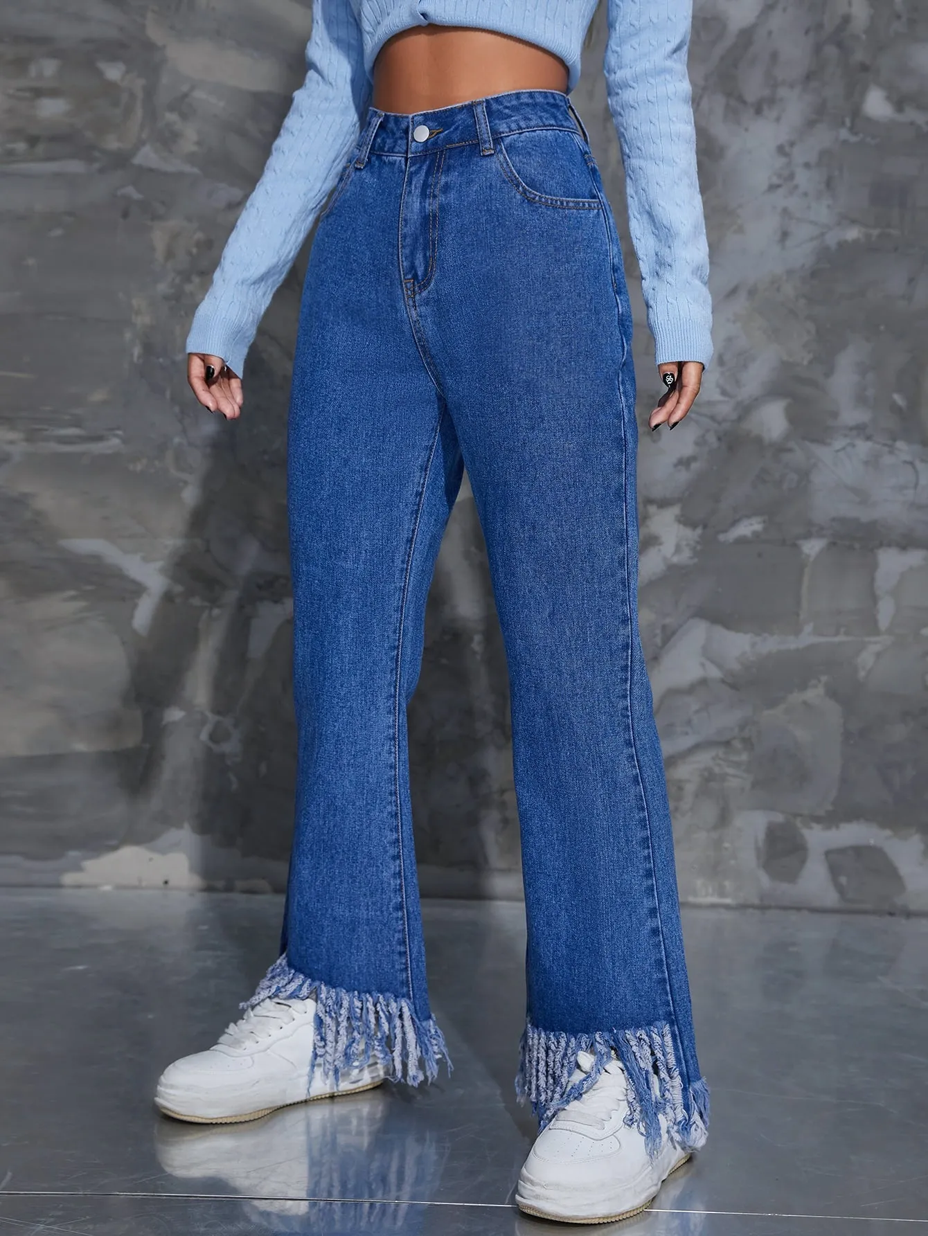 Plain Fringe High Waist Long Women Jeans