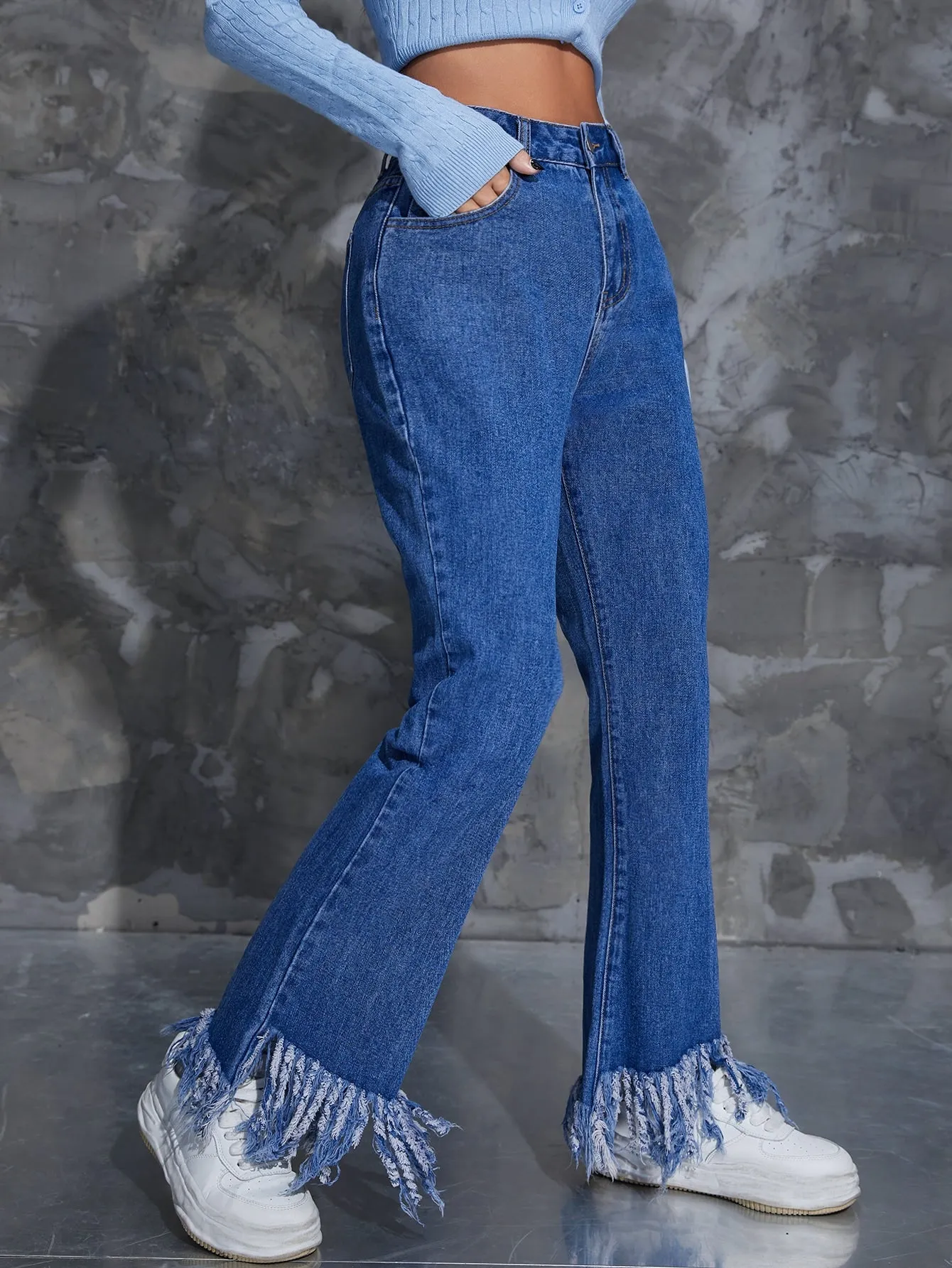 Plain Fringe High Waist Long Women Jeans