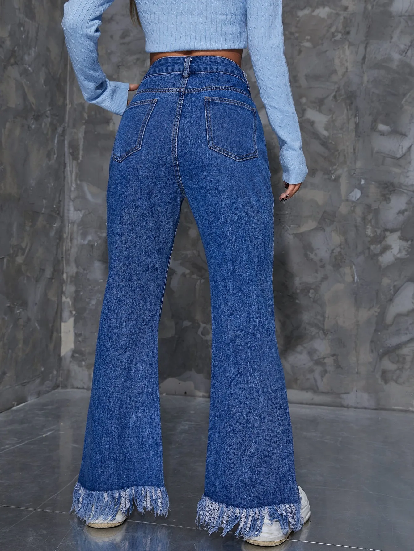 Plain Fringe High Waist Long Women Jeans