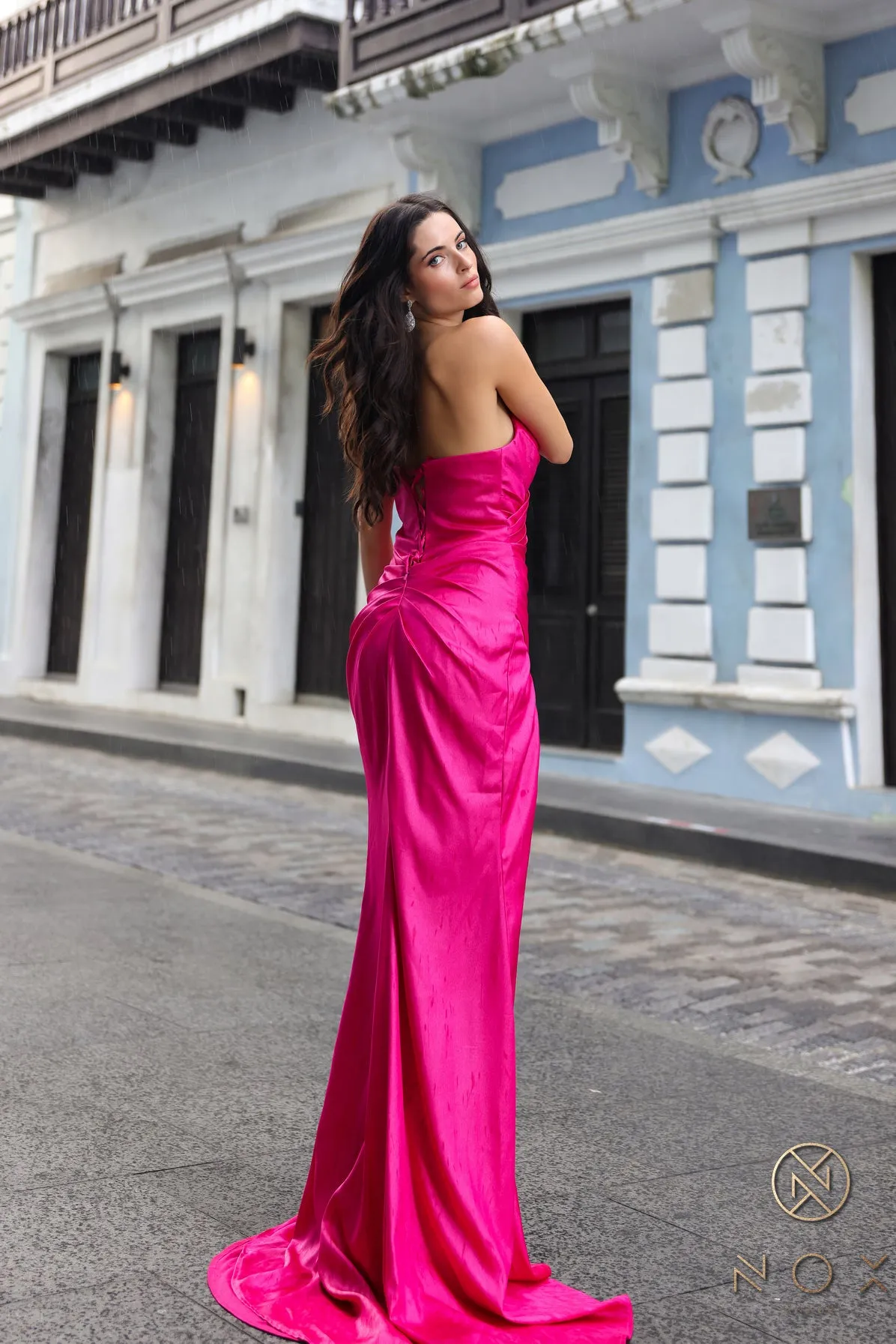 Pleated Satin Fitted Strapless Slit Gown by Nox Anabel F1380