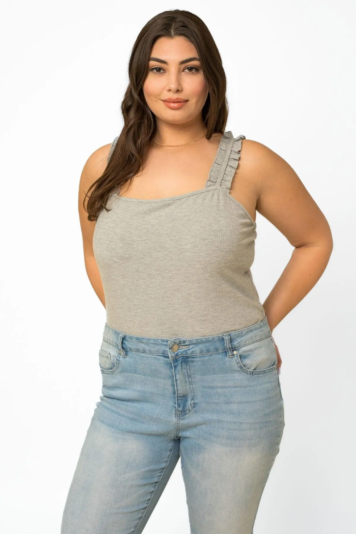 Plus Size Ribbed Ruffle Straps Square Neck-Line Bodysuit