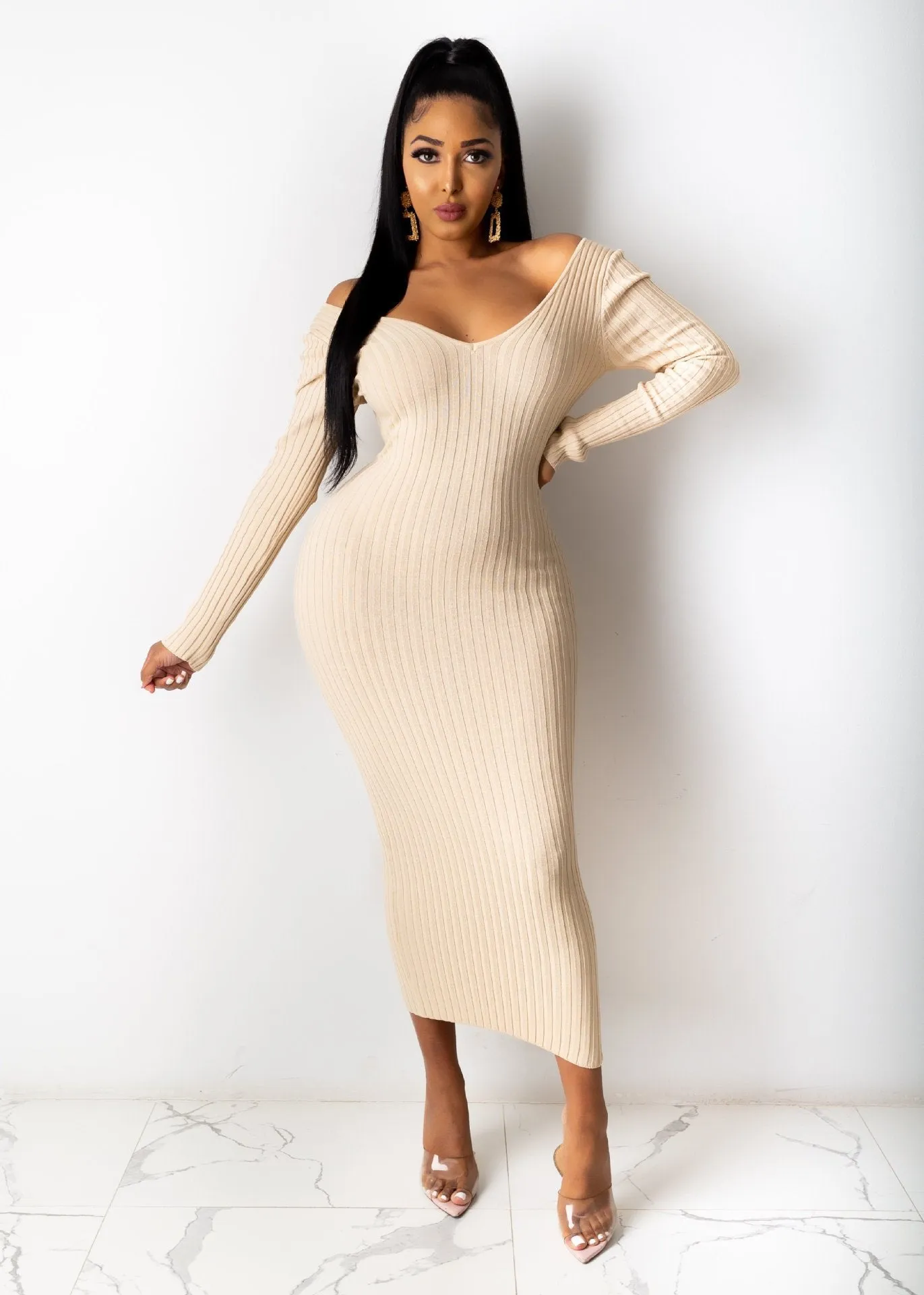 Plus Size V neck Off Shoulder Thread  Dress