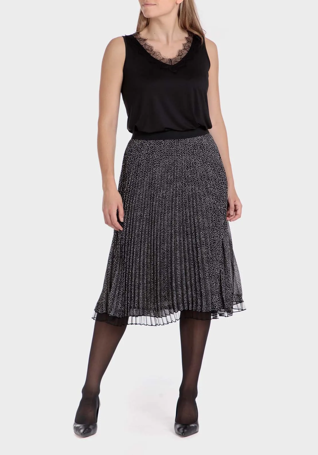 Polka Dot Pleated Skirt - Black