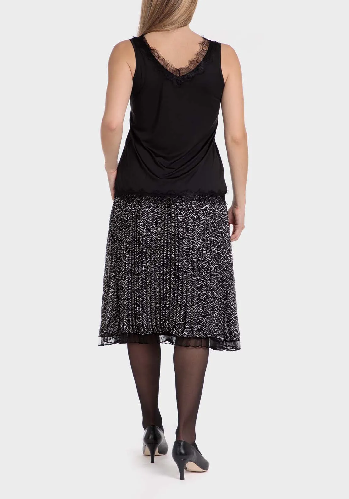 Polka Dot Pleated Skirt - Black