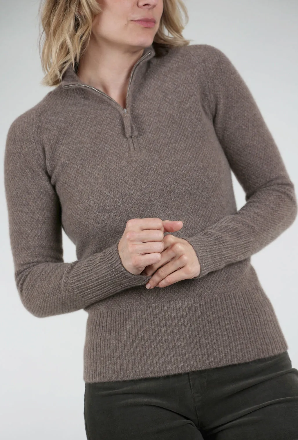 Quarter Zip Thermal Cashmere Sweater, Bark