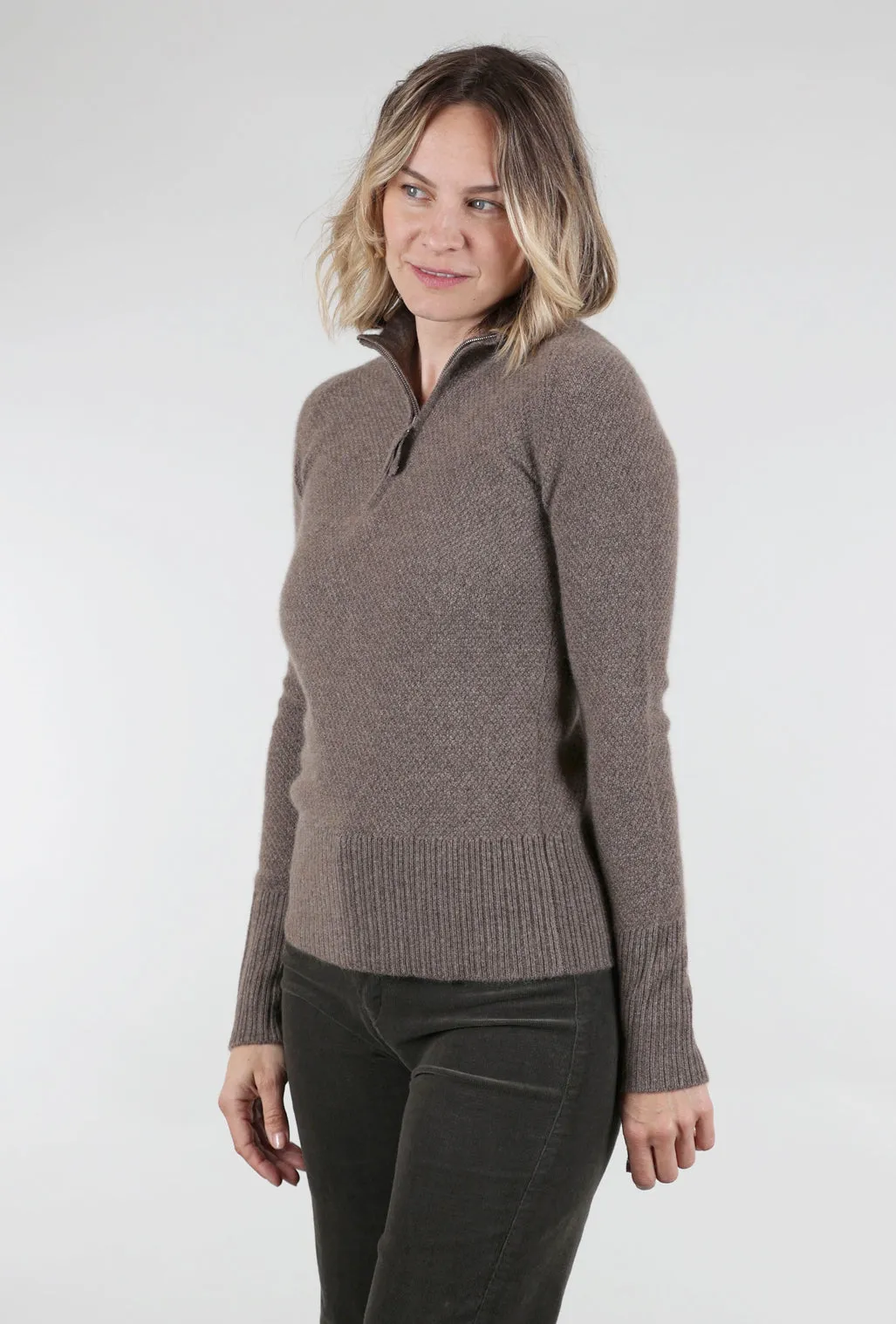 Quarter Zip Thermal Cashmere Sweater, Bark