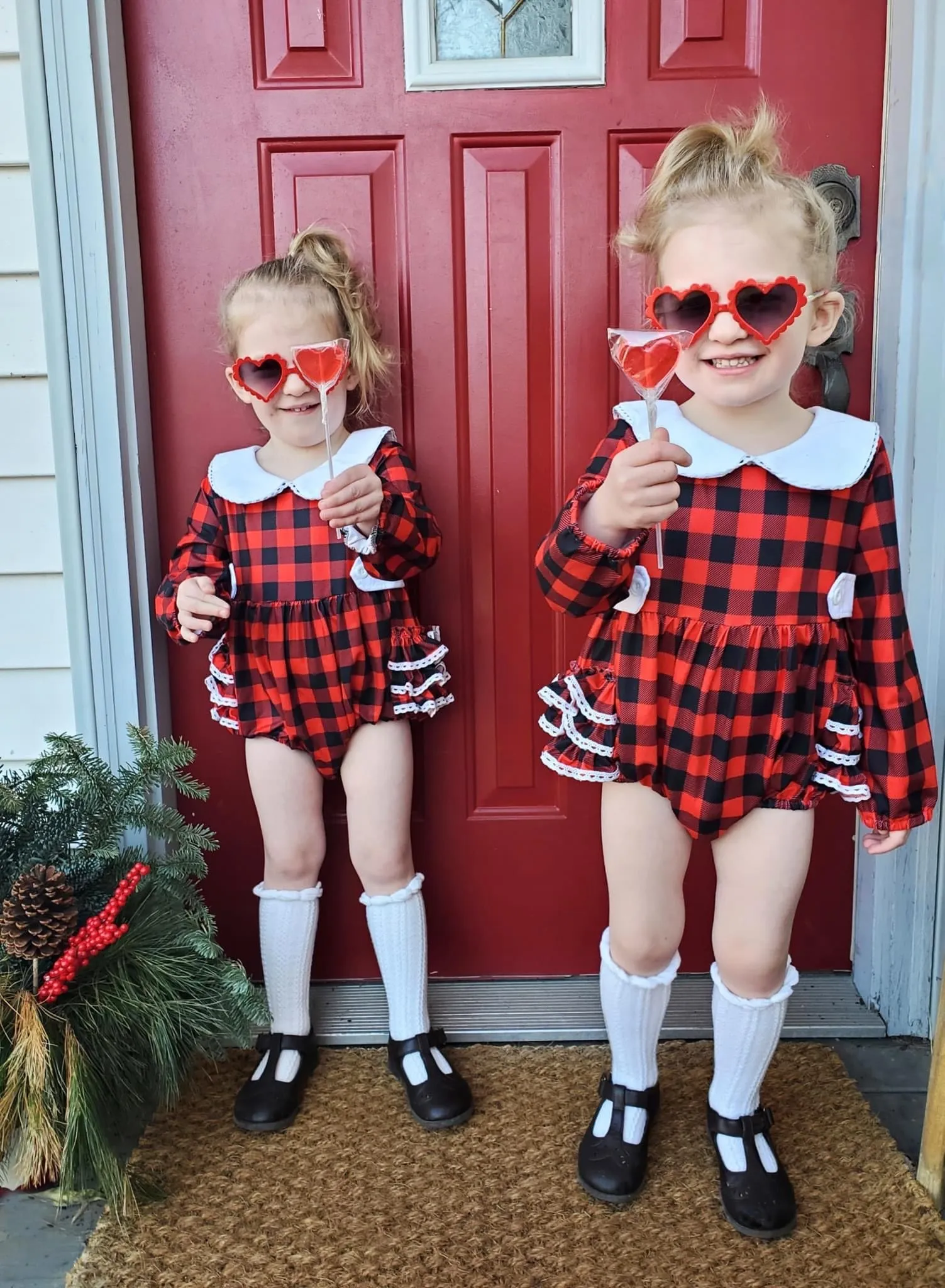 Red & Black Plaid Long Sleeve Ruffle Romper