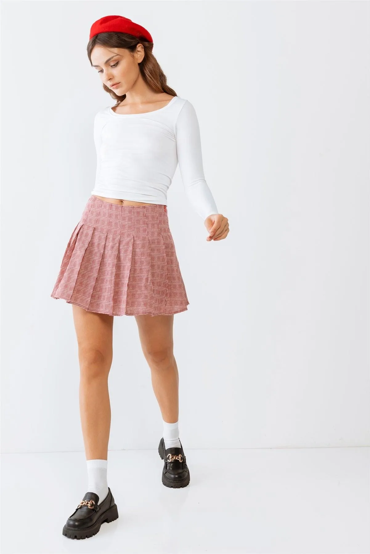 Red & White Plaid Pleated Cotton High Waist Mini Skirt /3-2-1