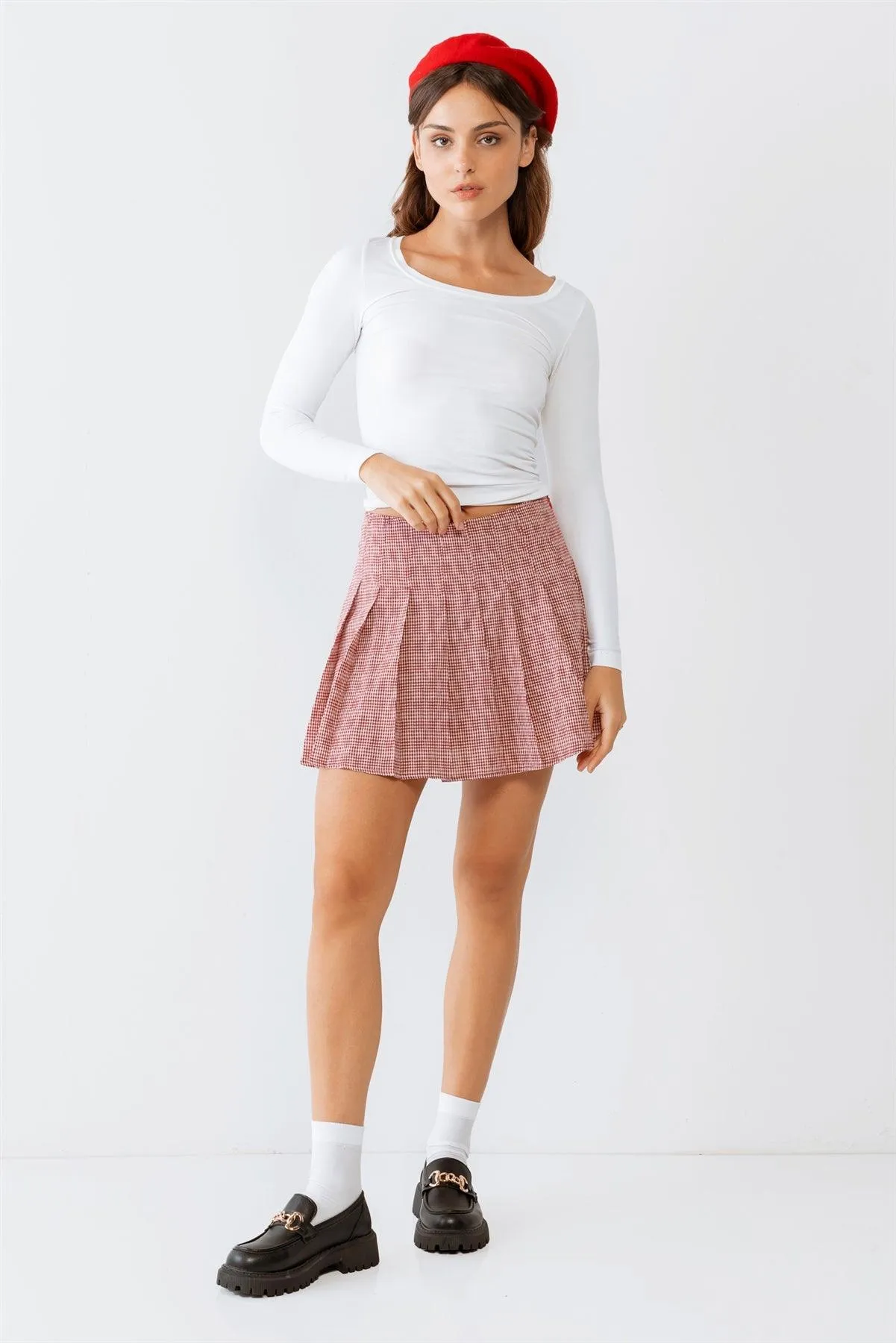 Red & White Plaid Pleated Cotton High Waist Mini Skirt /3-2-1