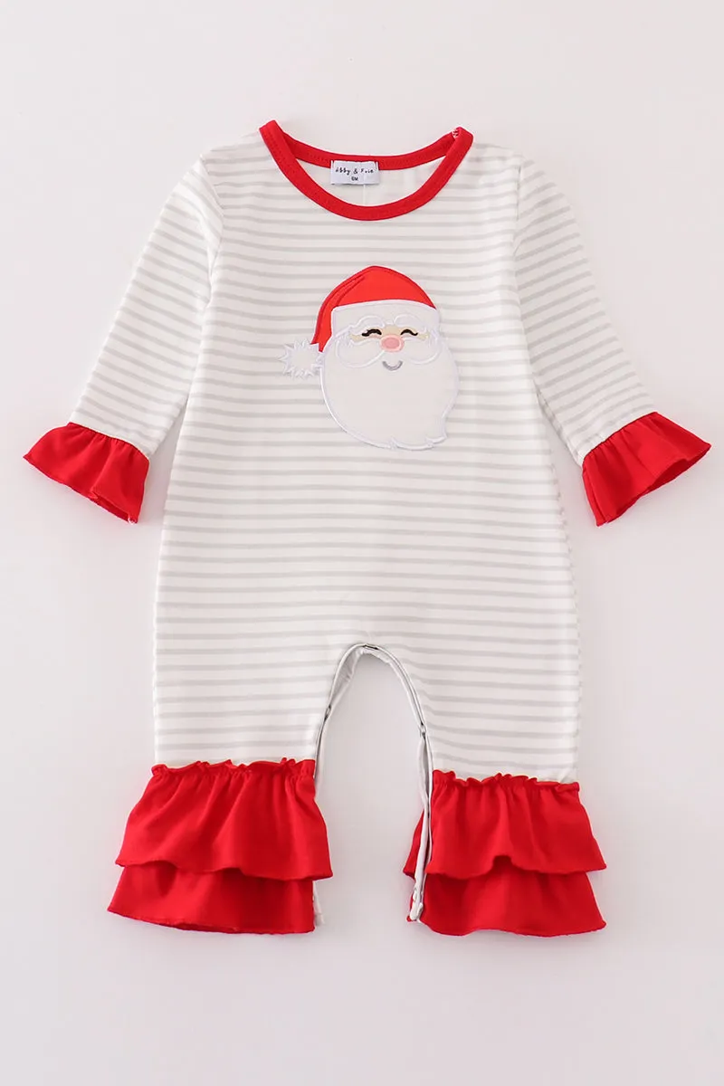 Red christmas santa claus applique stripe girl romper