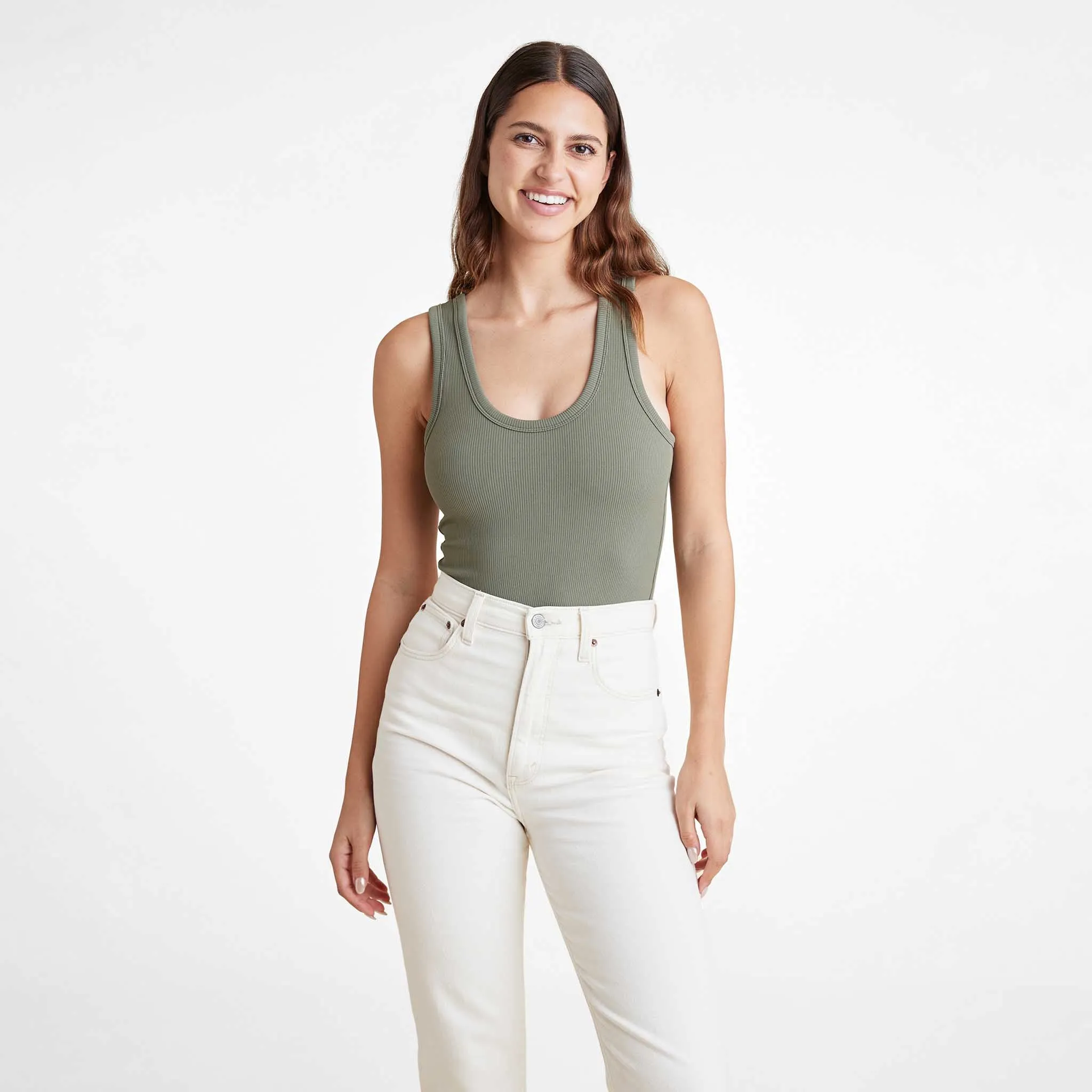 Ribbed Scoop Tank Bodysuit | Olive