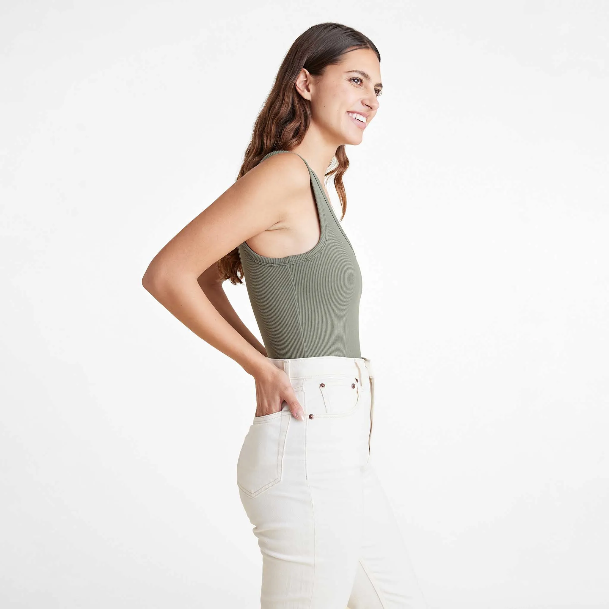 Ribbed Scoop Tank Bodysuit | Olive