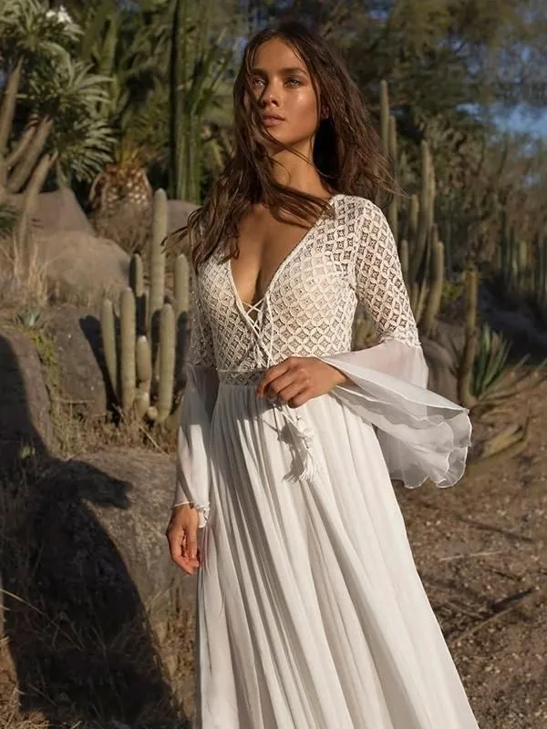 Romantic White Long Bohemian Dress, Boho Summer Dress For Women