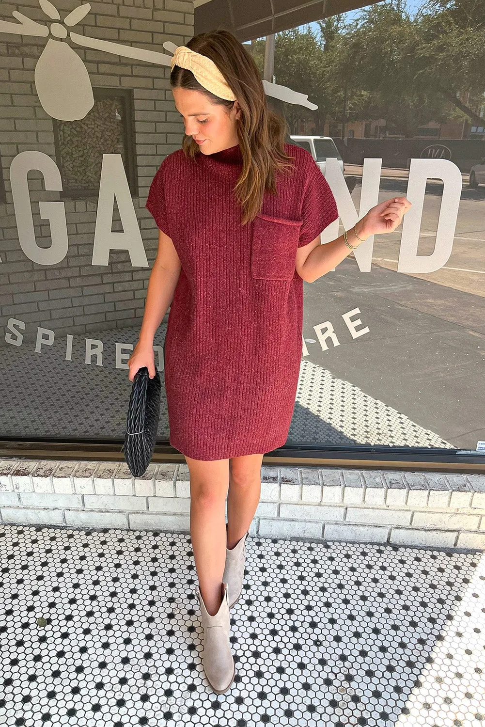 Ruby Patch Pocket Ribbed Knit Short Sleeve Sweater Dress