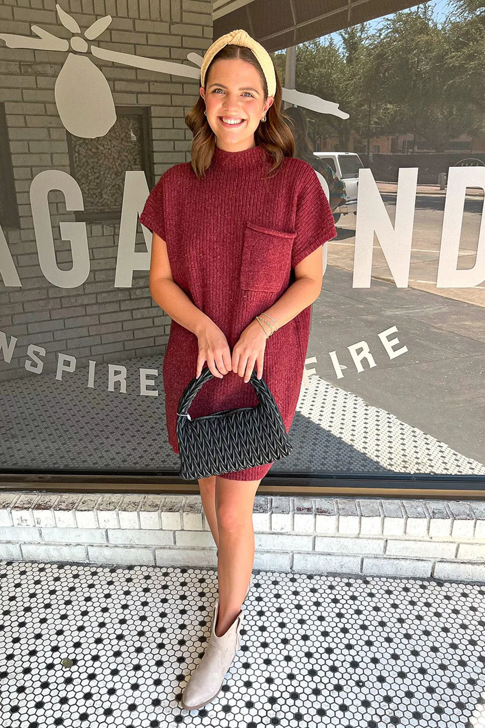 Ruby Patch Pocket Ribbed Knit Short Sleeve Sweater Dress