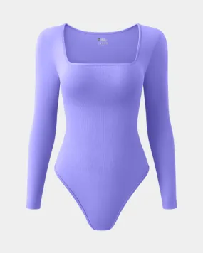 Sexy Ribbed Square Neck Long Sleeve Bodysuits