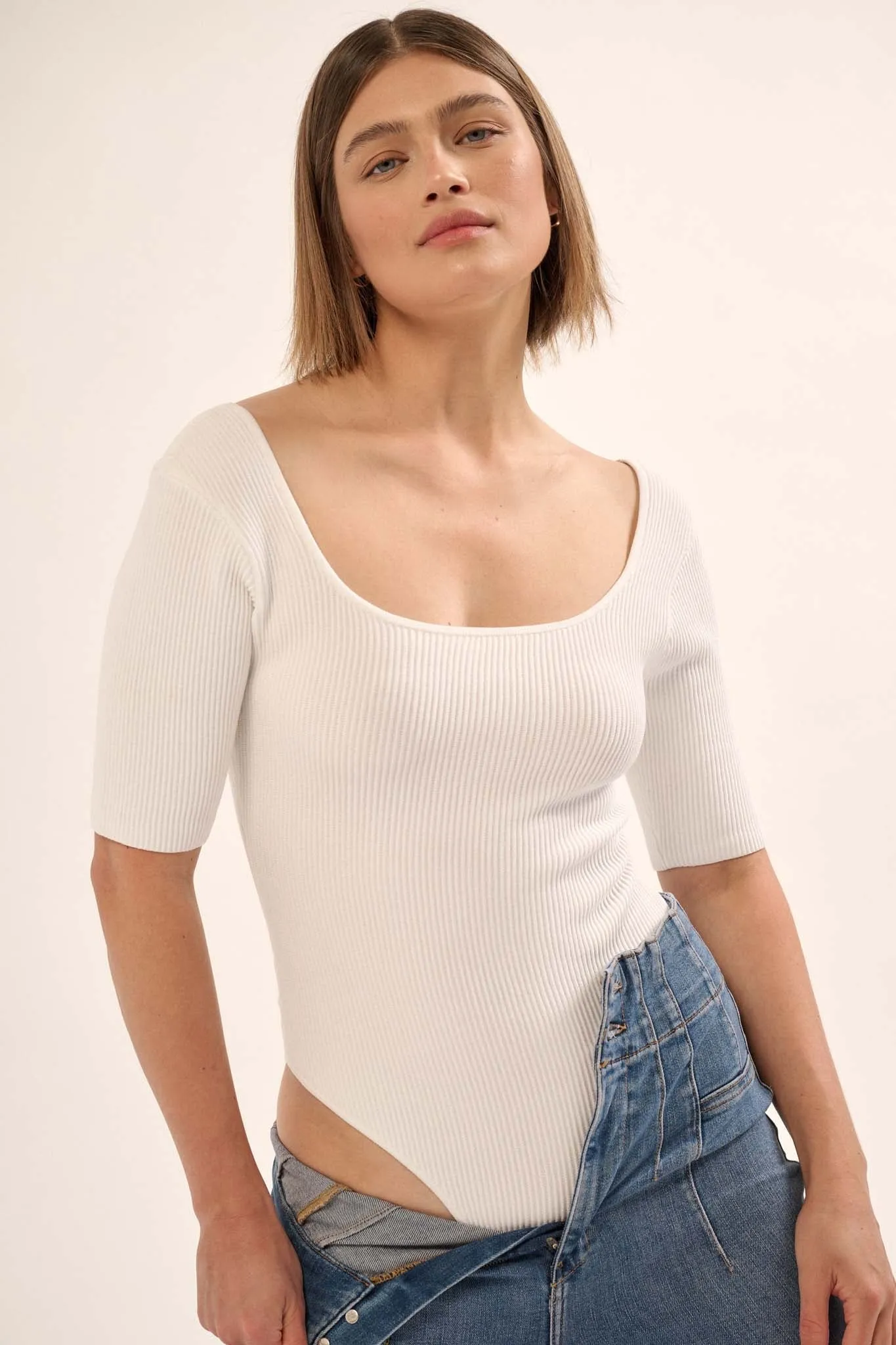 Shaper Fit Scoopneck Rib-Knit Short-Sleeve Bodysuit