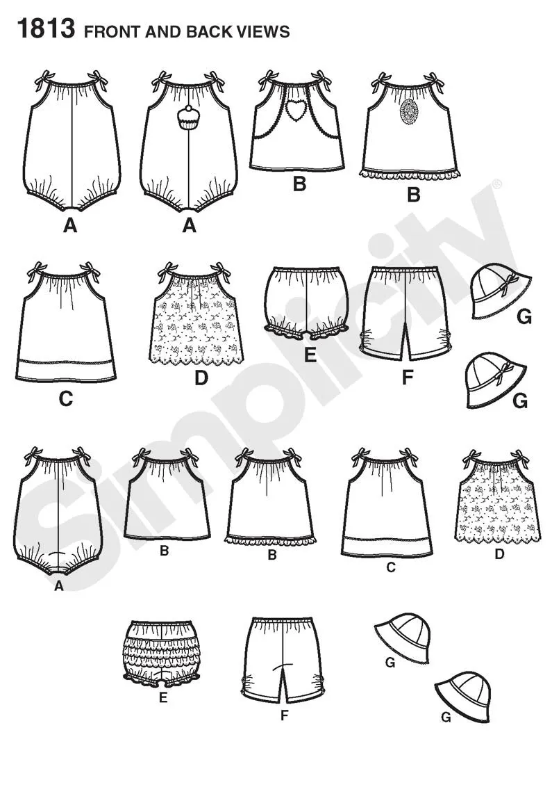 Simplicity Pattern 1813 Babies' romper, dress, top, pants