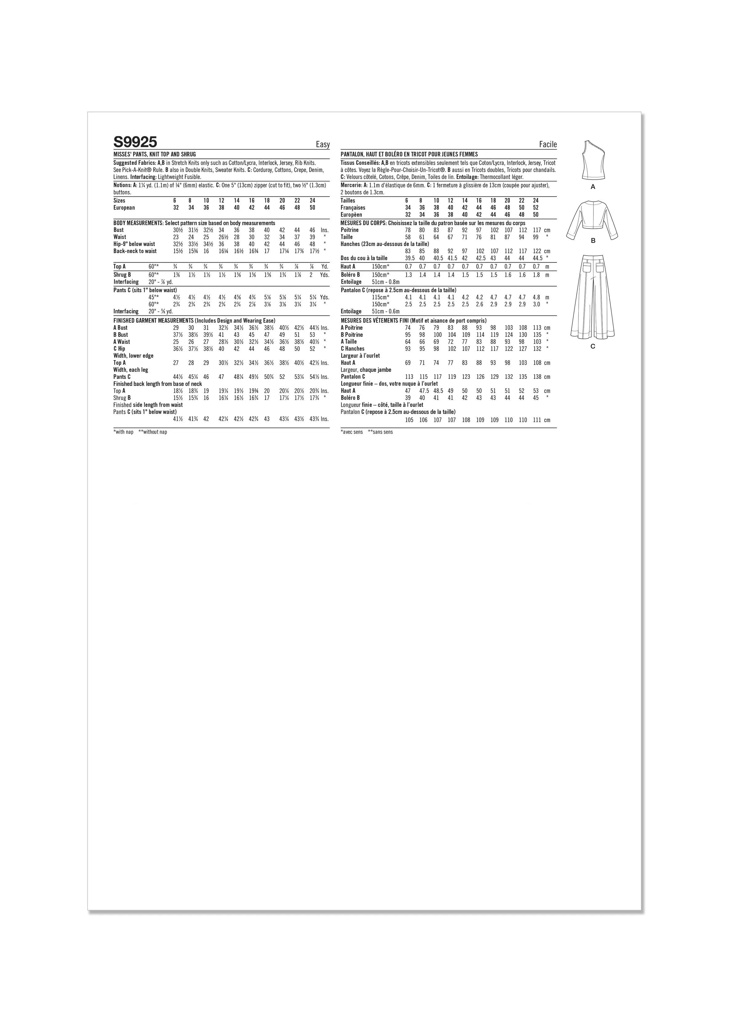 Simplicity Sewing Pattern 9925 Misses' Pants, Knit Shrug and Top