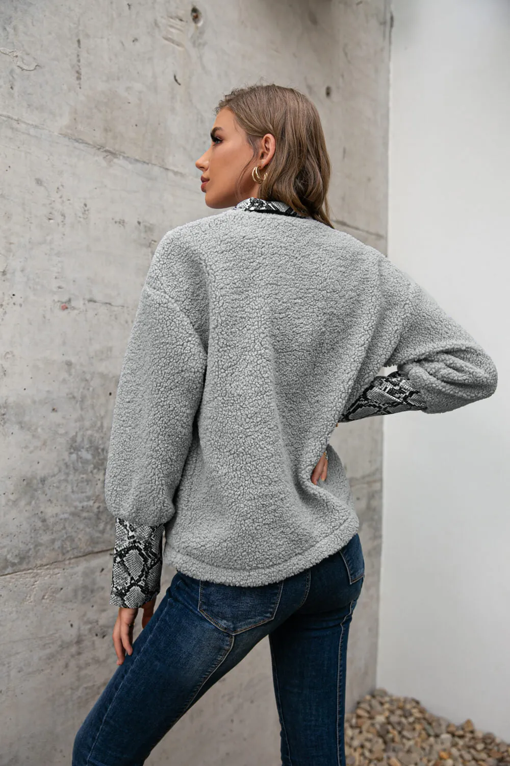 Snakeskin Print Sherpa Quarter-Zip Sweatshirt