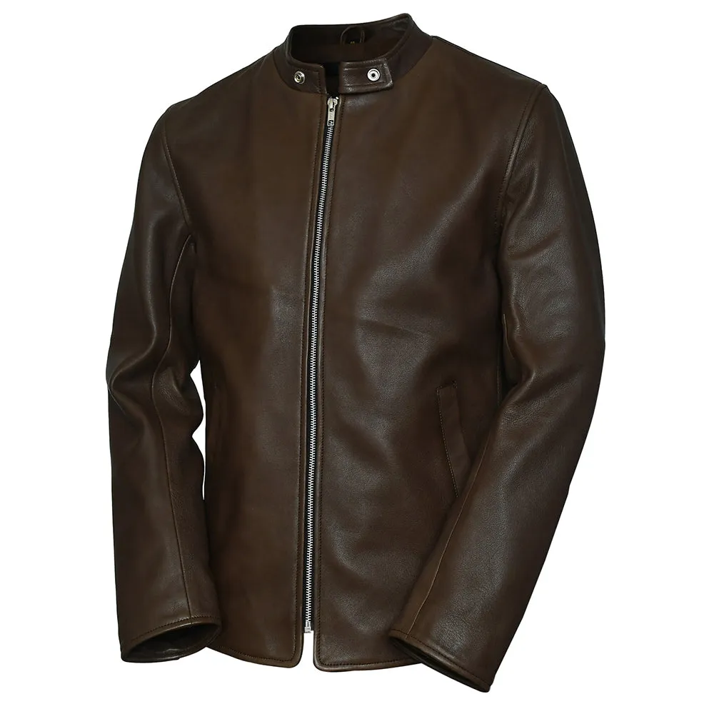 Snap Button Collar Desire Brown Leather Jacket