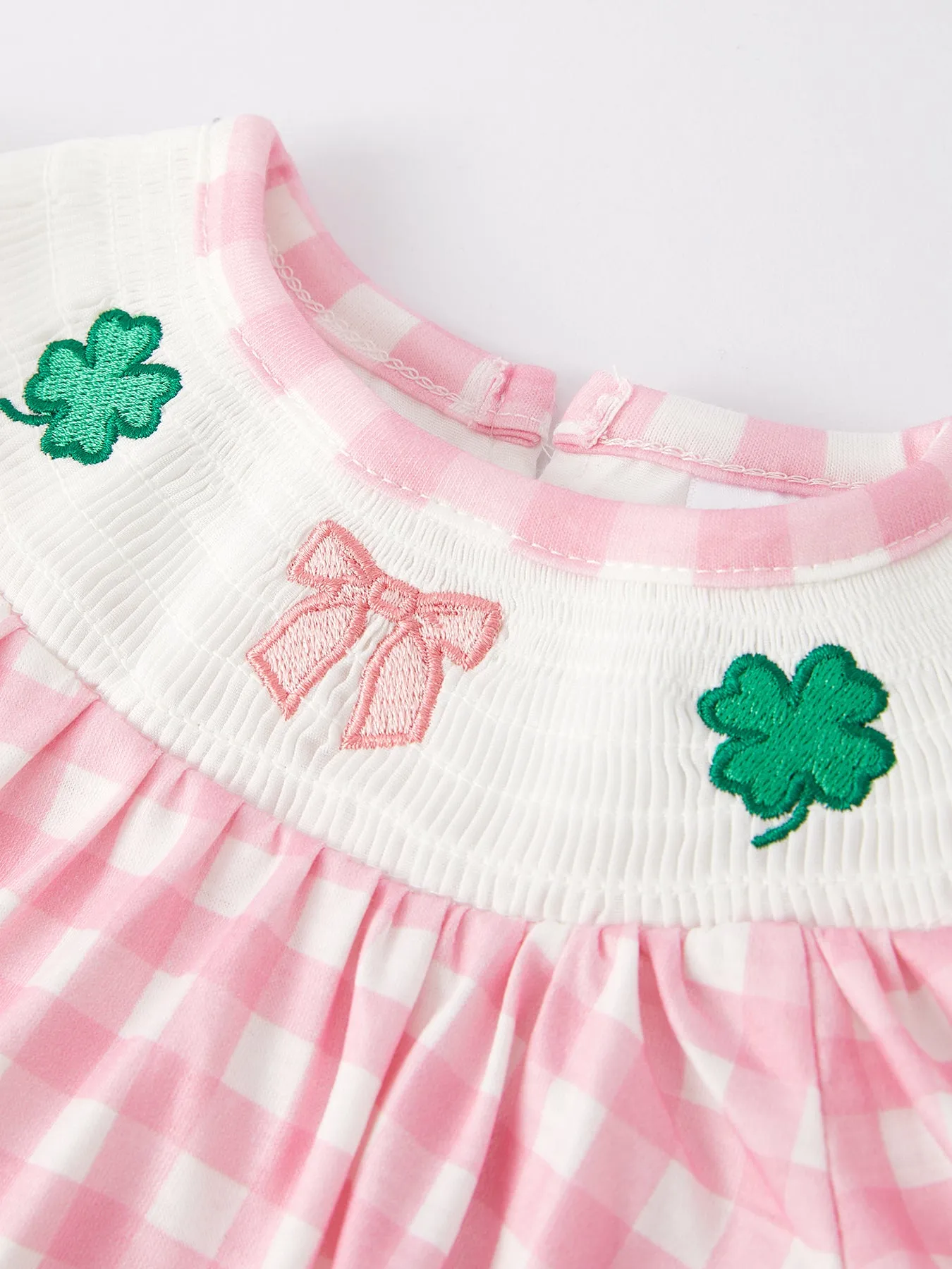 St. Patrick's Day Smocking Embroidered Pink Plaid Baby Girls Romper