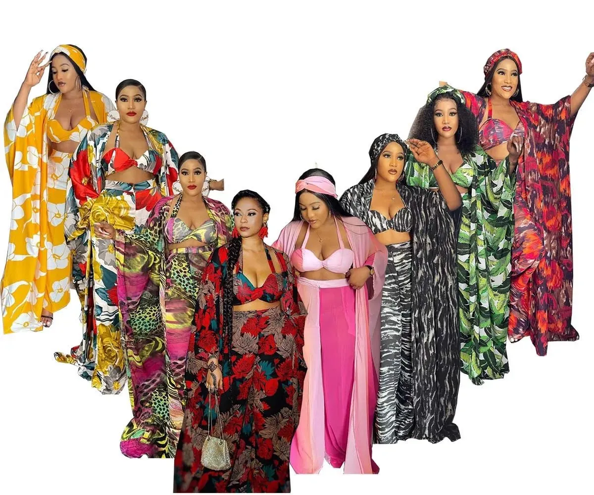 Stylish 4PC African Dashiki Ensemble: Long Tops, Bra, Scarf, and Wide Pants - Perfect Party Dresses for Women