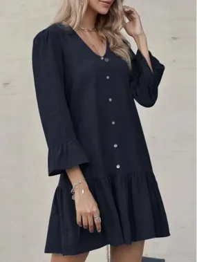 TastyHottie - V-neck button pleated flared sleeve cotton and linen dress