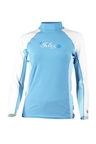 Tilos New Women's 6oz Anti-UV Long Sleeve Rash Guard (Small) for Scuba Diving, Snorkeling, Swimming & Surfing - Blue/White