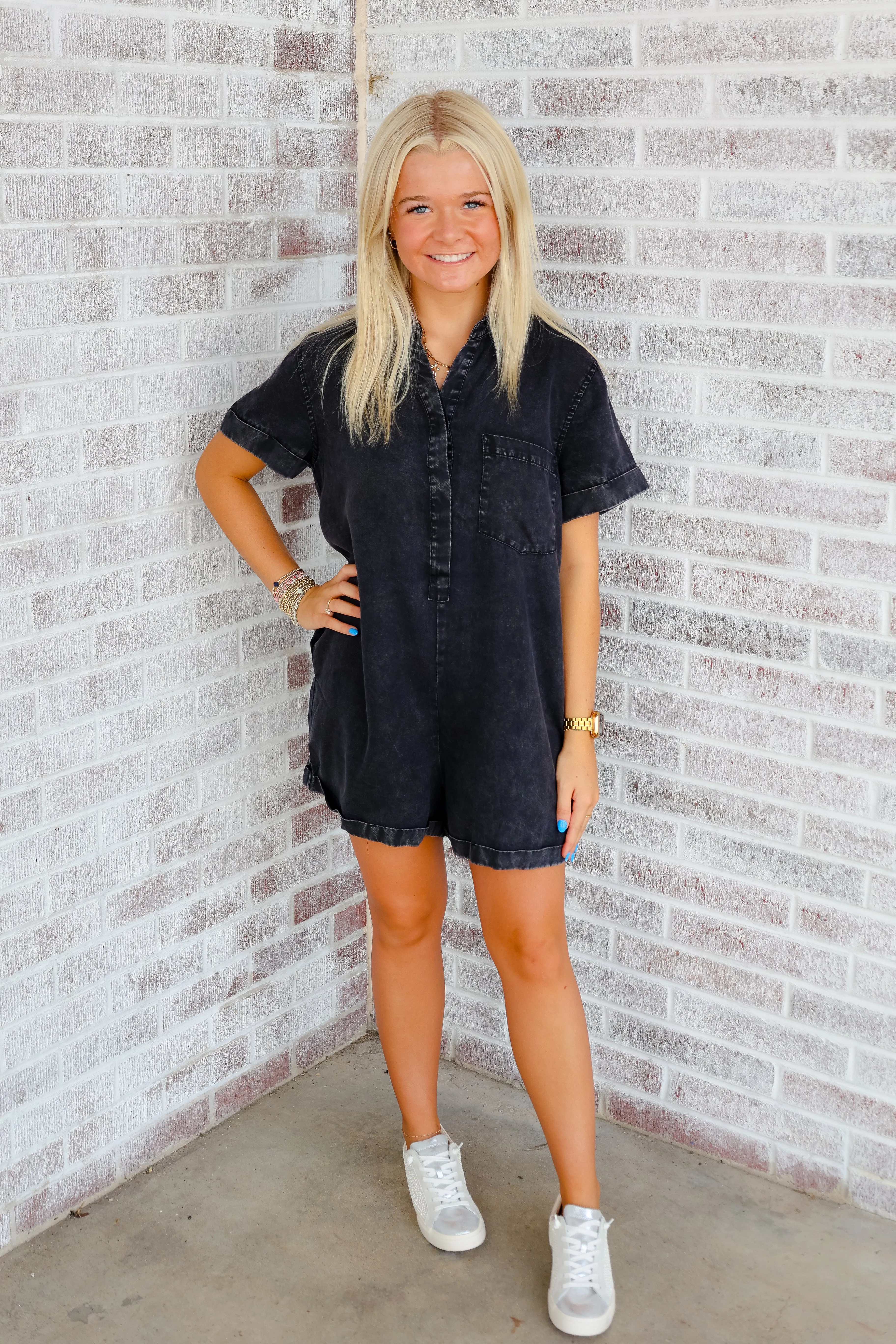 Timeless Tailgate Cuff Sleeve Denim Romper with Pockets