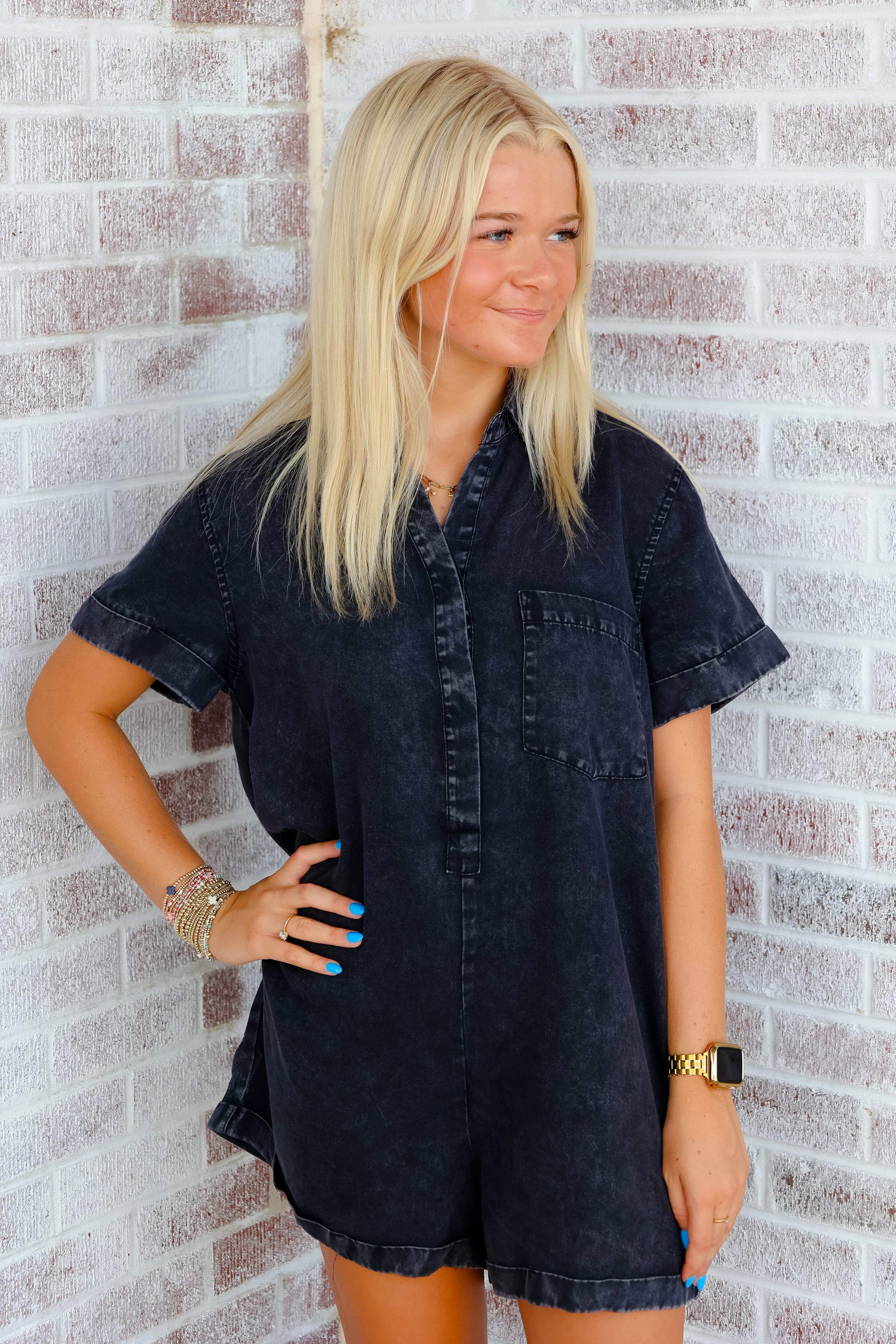 Timeless Tailgate Cuff Sleeve Denim Romper with Pockets