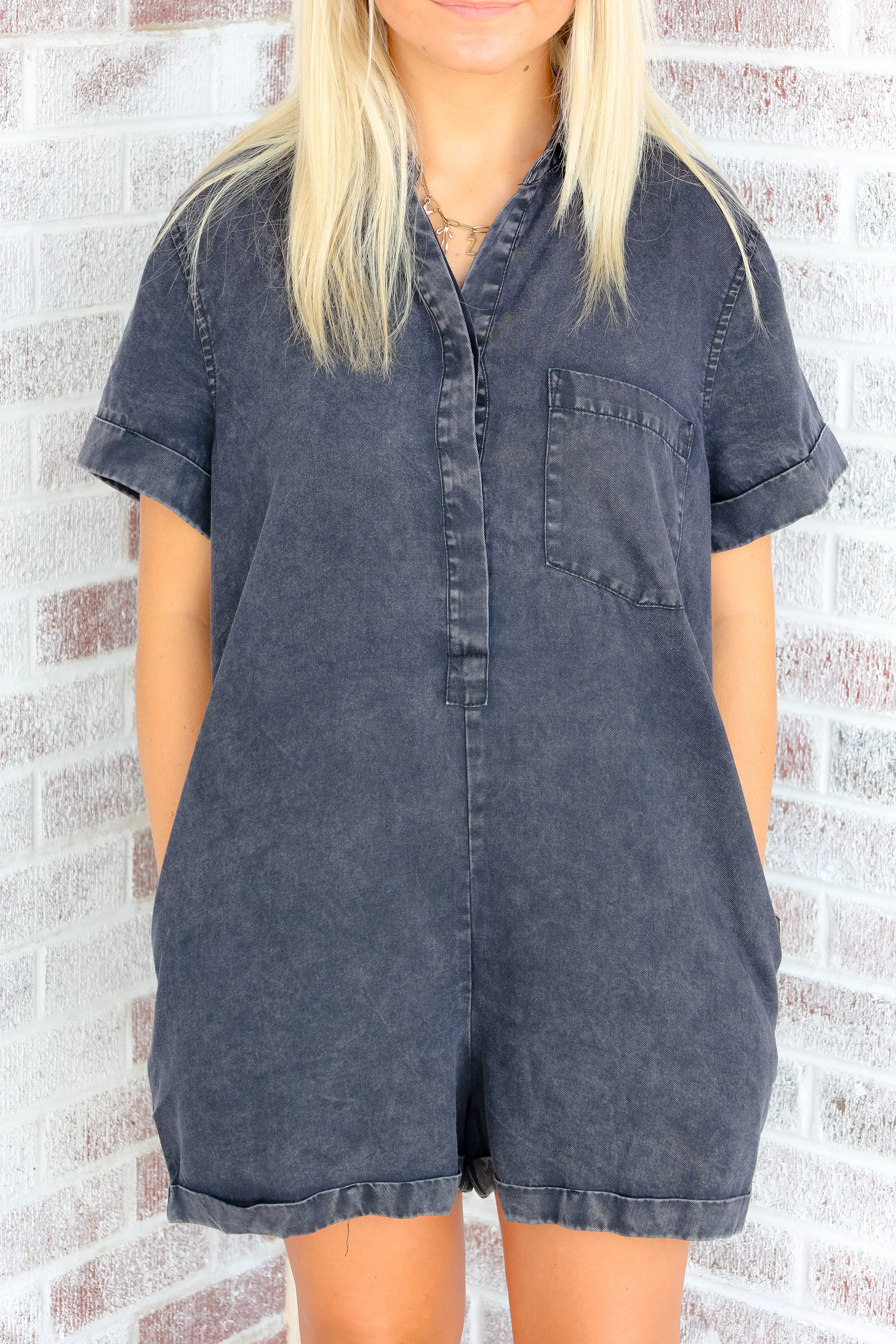 Timeless Tailgate Cuff Sleeve Denim Romper with Pockets