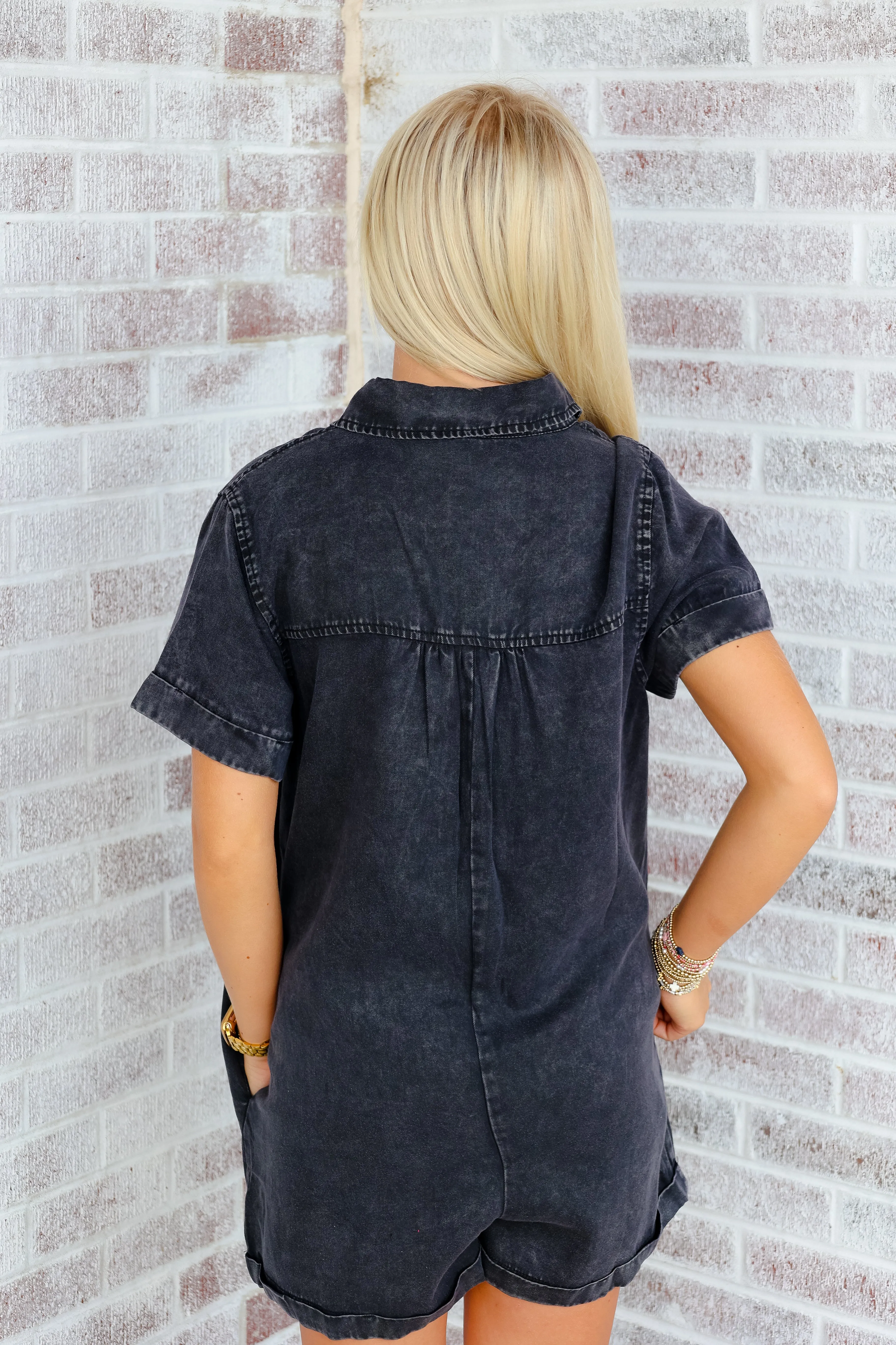 Timeless Tailgate Cuff Sleeve Denim Romper with Pockets